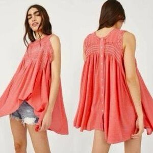 Free People Sea Breeze Coral Smocked Tunic Mini Dress size large
